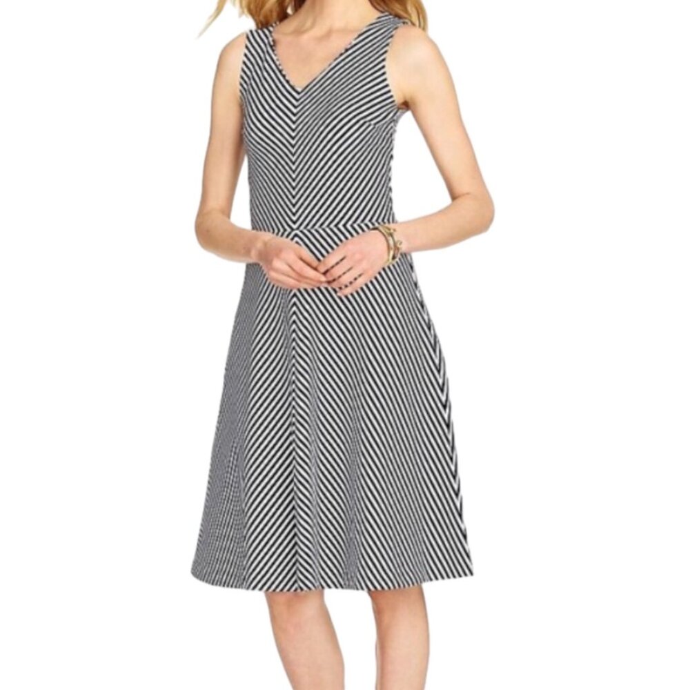 Talbots Women's Edie Knit Stripe A-Line Dress, Black & White V-Neck Size M